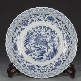 A Exquisite Blue and White Lotus Kylin Pattern Plate