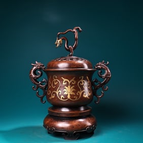 A Exquisite Purple Copper Gilt Bronze Auspicious Beast-Ears Censer