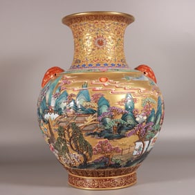 A Exquisite Enamel Carved Gold Ground Landscape Pattern Lion-Ears Vase