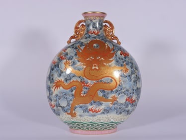A Exquisite Famille-Rose Painted Gold Dragon Pattern Double-Ears Vase