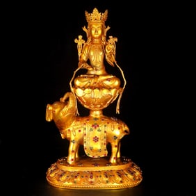 A Exquisite Gilt Bronze Multi-Gem Inlaid Buddha Statue