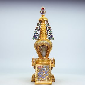 A Exquisite Cloisonne Jade-Inlaid Pagoda Ornament