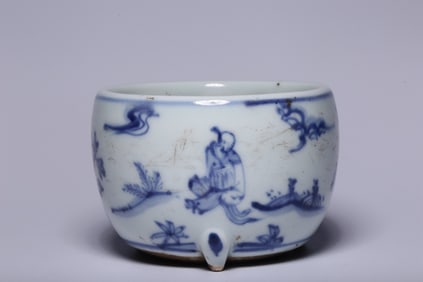 A Rare Blue and White Character and Story Pattern Tripod Censer