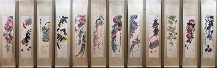 A Set of Chinese Vertical Scroll Ink Paintings of Flowers and Birds on Paper