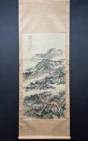 A Chinese Vertical Scroll Ink Painting of Landscape on Paper