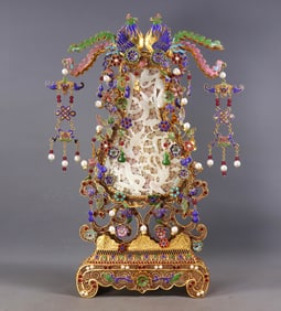 A Exquisite Hotan Jade Cloisonne Gilt Screen Ornament