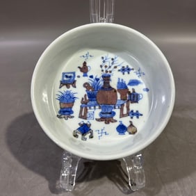 A Exquisite Blue and White Underglaze-Red Antiquities Pattern Plate