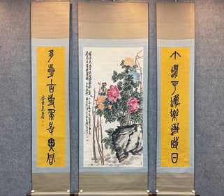A Set of Chinese Vertical Scroll Ink Paintings of Flower on Paper