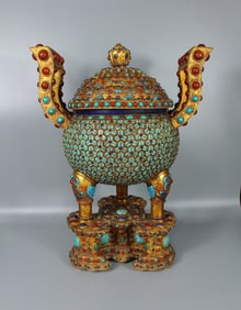 A Exquisite Gilt Bronze Inlaid Gems Censer