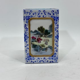 A Exquisite Blue and White Famille-Rose Figures Pattern Brush Pot