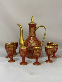 A Set of Exquisite Coral Red Painted Gold Dragon Pattern Drinking Set