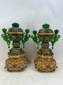 A pair of Exquisite Gilt Bronze Filigree Inlaid Jadeite Censer