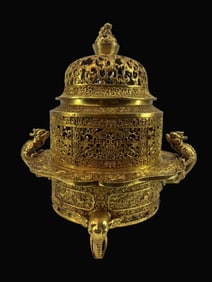 A Exquisite Purple Copper Gilt Bronze Dragon-Ears Tripod Censer