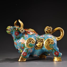 A Exquisite Gilt Bronze Cloisonne Ox Ornament