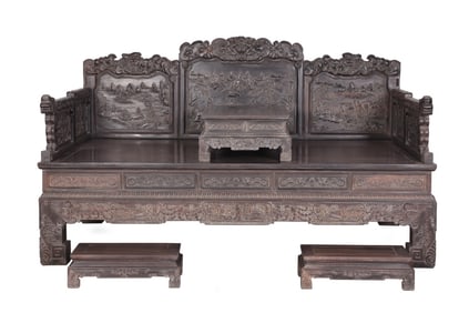 A Huge Large Zitanwood Landscape Flower and Figure Pattern Phoenix Head Daybed