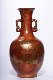 A Rare Iron-Red Gilded Dragon Pattern Double-Ears Vase