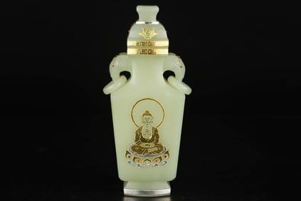 A Exquisite Hotan Jade Gold and Silver-Inlaid Buddha Pattern Vase