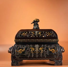 A Exquisite Red Copper Relief Gilt Incense Burner