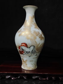 A Exquisite White Glaze Painted Gold Horse Pattern Vase