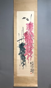 A Chinese Ink Painting of Flowers on Paper, Vertical Scroll