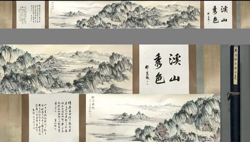 A Chinese Hand Scroll Ink Painting of Landscape on Paper