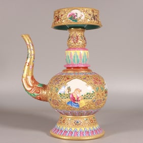 A Exquisite Famille-Rose Carved Gold Ground Figures Pattern Ewer