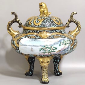 A Exquisite Ancient Copper Color Landscape Pattern Censer