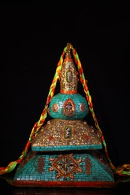 A Exquisite Meteorite Cloisonne Inlaid Gems Dzi bead Pagoda Ornament