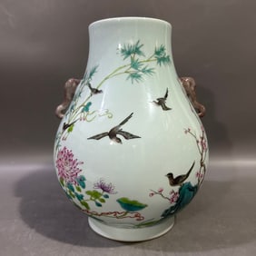 A Exquisite Famille-Rose Flower and Bird Pattern Elephant-Ears Vase