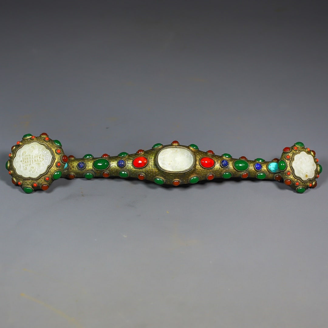 A Exquisite Gilt Bronze Carved Inlaid Hetian Jade Ruyi (1 of 10)