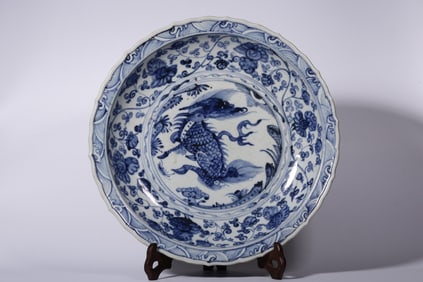 A Rare Blue and White Kylin Pattern Plate