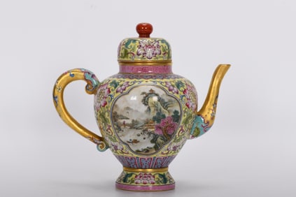 A Exquisite Yellow Ground Famille-Rose Landscape Pattern Ewer