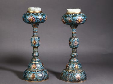 A pair of Exquisite Cloisonne Inlaid Hotan Jade Hatstand