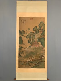 A Chinese Vertical Scroll Ink Painting of Landscape on Paper