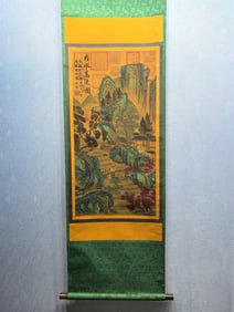 A Chinese Vertical Scroll Ink Painting of Landscapes on Paper