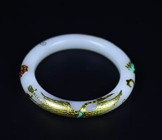 A Exquisite Hotan Jade Gilt Crane Pattern Bracelet