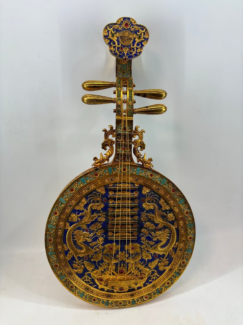A Exquisite Gilt Bronze Inlaid Gems Musical Instrument: A Exquisite Gilt Bronze Inlaid Gems Musical Instrument,Qing Dynasty, China,Size:20.1inx11in 铜鎏金镶嵌宝石乐器,中国清代