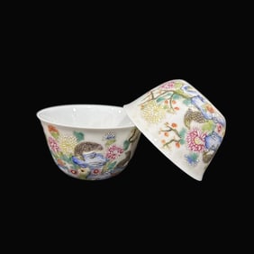 A Exquisite A pair of Famille-Rose Flower and Bird Pattern Cups
