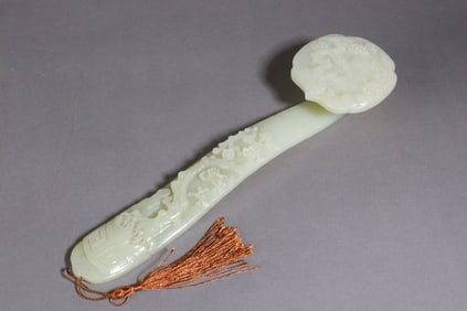 A Exquisite Hotan White Jade Pine and Crane Pattern Ruyi