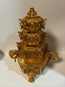 A Exquisite Gilt Bronze Hollow Beast-Face Pattern Censer