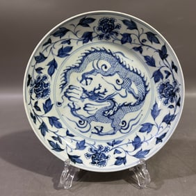A Exquisite Blue and White Lotus Dragon Pattern Plate
