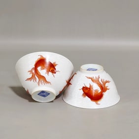 A pair of carving Seawater and Fish PatternCup