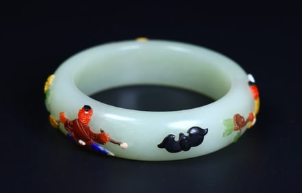 A Exquisite Hotan Jade Inlaid Eight Treasures Pattern Bracelet