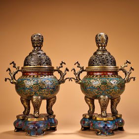 A Exquisite Bronze Cloisonne Gilt Bronze Ganoderma lucidum Pattern Censer