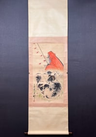 A Chinese Vertical Scroll Ink Painting of Sheep on Paper