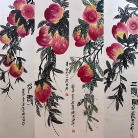 A Set of Chinese Vertical Scroll Ink Paintings of Flowers and Fruits on Paper