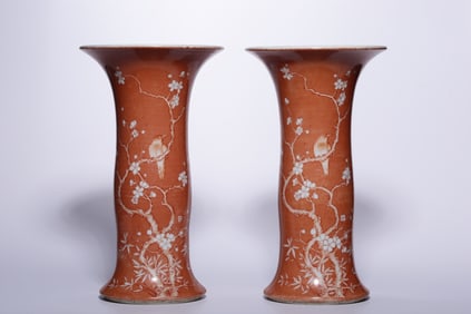 A pair of Rare Coral Red Glazed Flower and Bird Pattern Vases