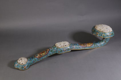 A Exquisite Cloisonne Inlaid Hotan Jade Ruyi