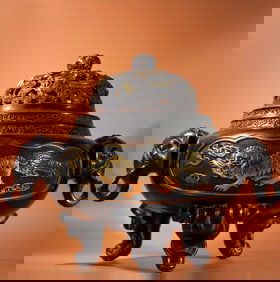 A Exquisite Red Copper Relief Lion Gilt Elephant-Ear Censer