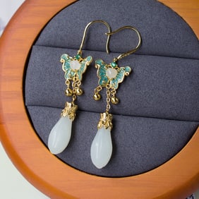A pair of Exquisite  Silver Inlaid Hotan Jade Butterfly-shaped Earring